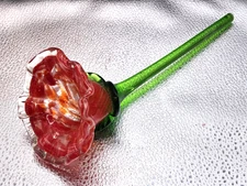 Murano Style Art Glass Flower Hand Blown Red/Orange/Clear Swirl- Green Stem 9"