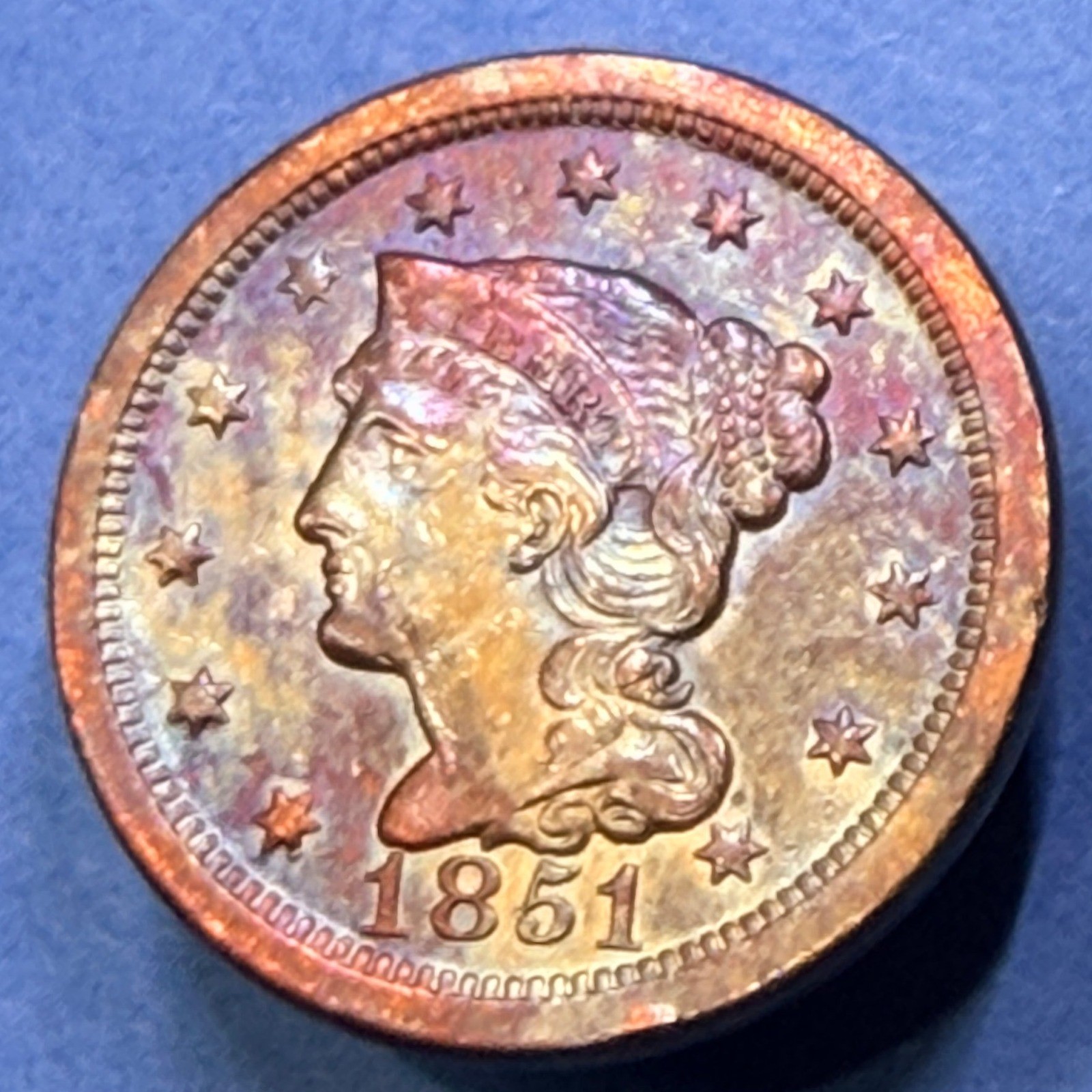 1851 Braided Hair Large Cent 1C XF-AU Rainbow Toned Copper Penny US Coin