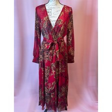 Bohemian Red and Beige Mesh Maxi Dress Women Size Large Long Sleeve V Neck