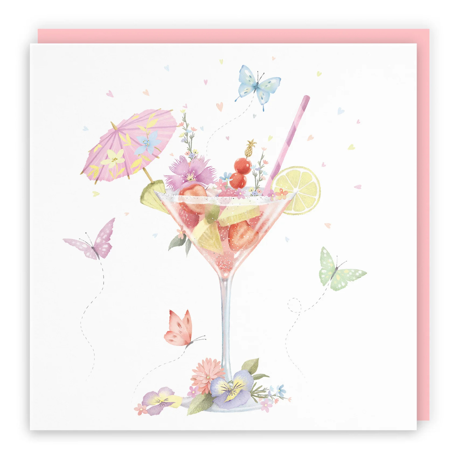 Blank Any Occasion Card Pink Cocktail And Butterflies Milo's Gallery