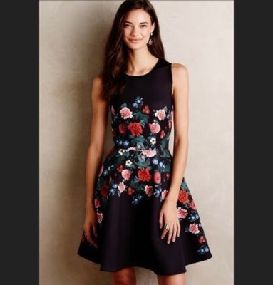 NWT Erin Fetherston Anthropology Sweetheart Garden Bloom Fit Flare Black Dress