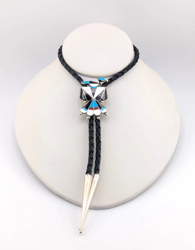 Corbata nativa americana Bolo Zuni Thunderbird incrustación hecha a mano cuero y puntas plateadas Foto 4 de 4