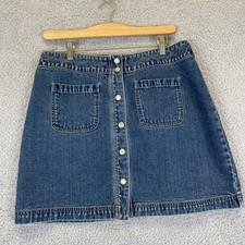 Vintage GAP Women's Denim Button Front A-Line Mini Skirt Size 14 90's Blue