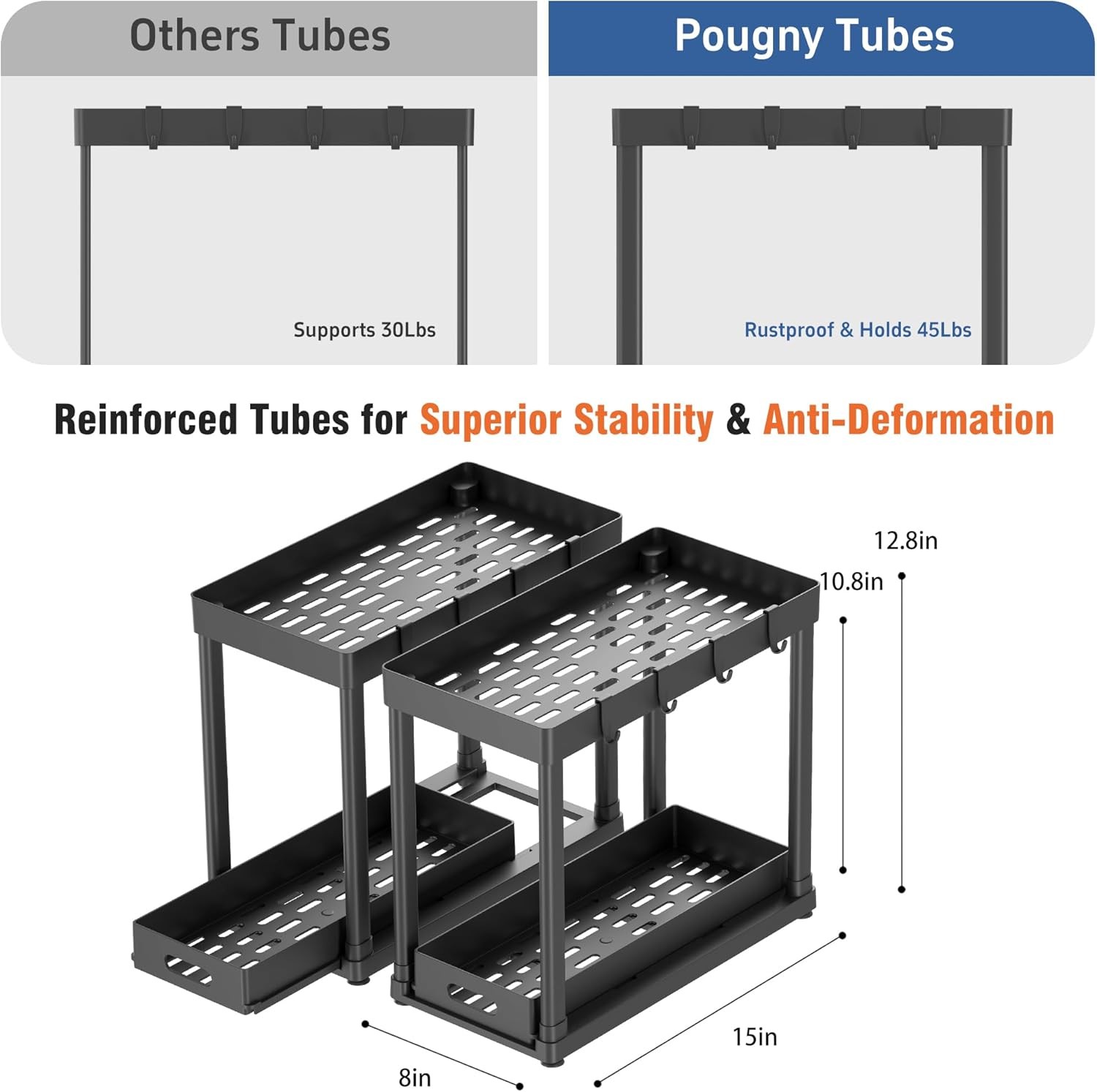 Pull Out Under Sink Organizer 2 Pack Sliding Cabinet Storage Rack Black