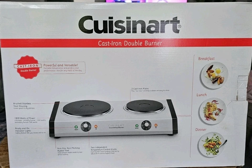 NUEVO Quemador Doble Hierro Fundido Cuisinart Plateado CB-60 Foto 2 de 4