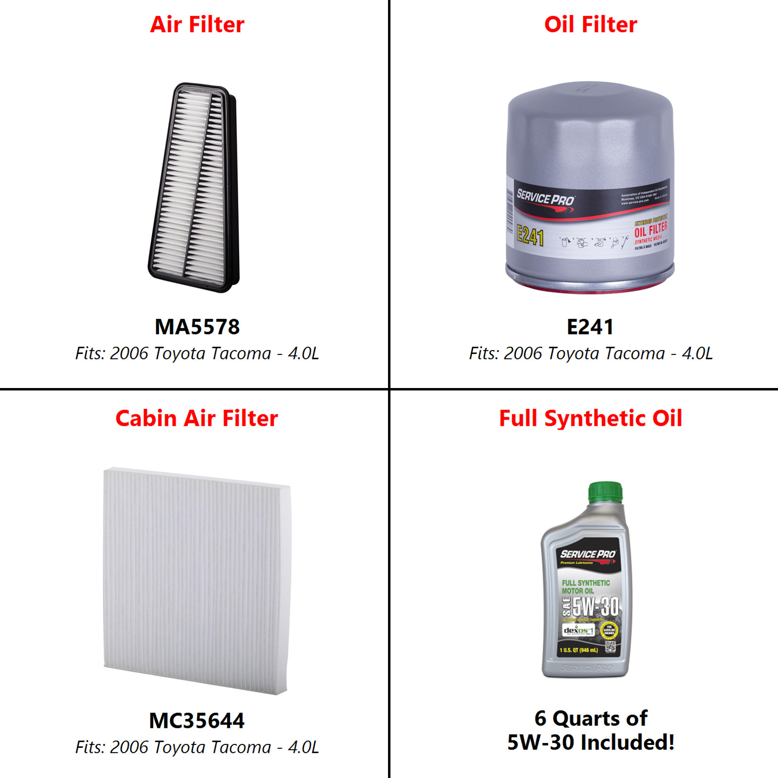 2006 Toyota Tacoma 4.0L Complete Air, Oil & Cabin Filter Kit (5W-30)