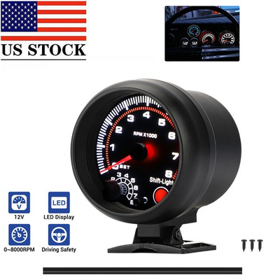 #ad 3.75quot; 12V Car Tachometer Gauge Meter 0 8000 RPM With LED Shift Light Universal $17.99