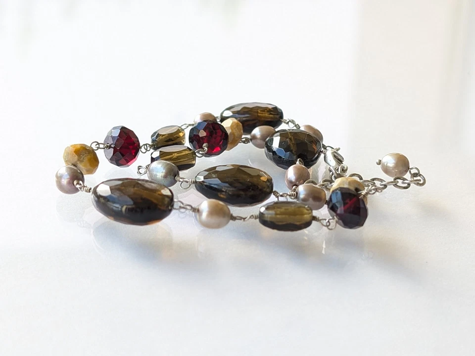 Collar Estación Piedras Preciosas Artesanal Cuarzo Ahumado Granate Perla Alambre Envuelto 15-17" Foto 4 de 4