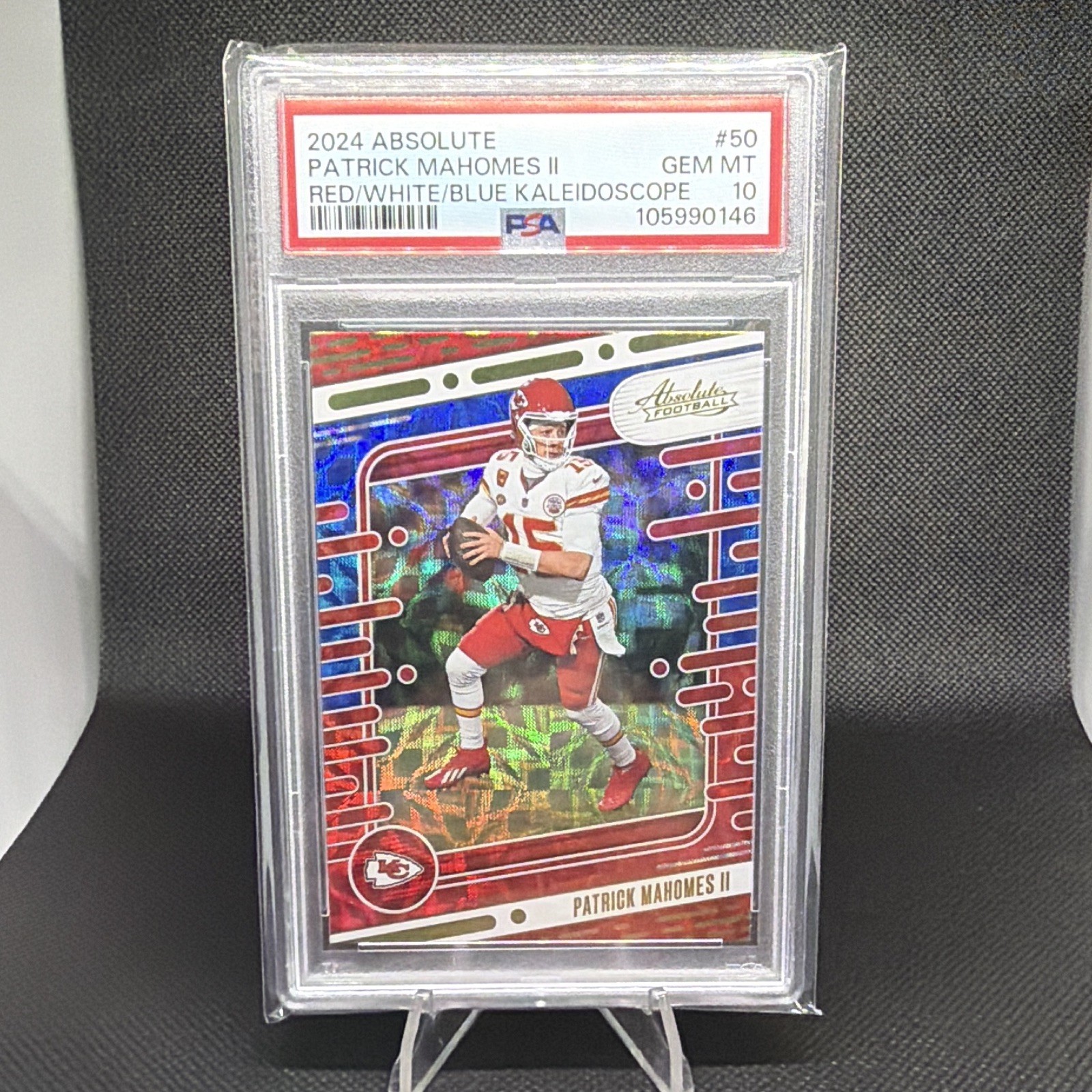 Panini 2024 Absolute Patrick Mahomes II Red White & Blue Kaleidoscope #50 PSA 10