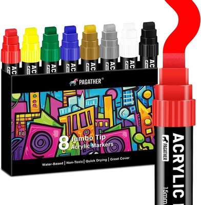 8 Colors Jumbo Acrylic Markers with 15mm Felt Tip   Large Permanent Paint Pens