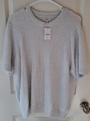 J.Crew Eyelash Sweater Women XL Silver Sparkle Fuzzy Short Sleeve Knit Holid