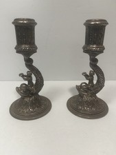 2 x PAIRPOINT Dolphin Silver Dolphin Sea Monster Candlestick Holders Vintage