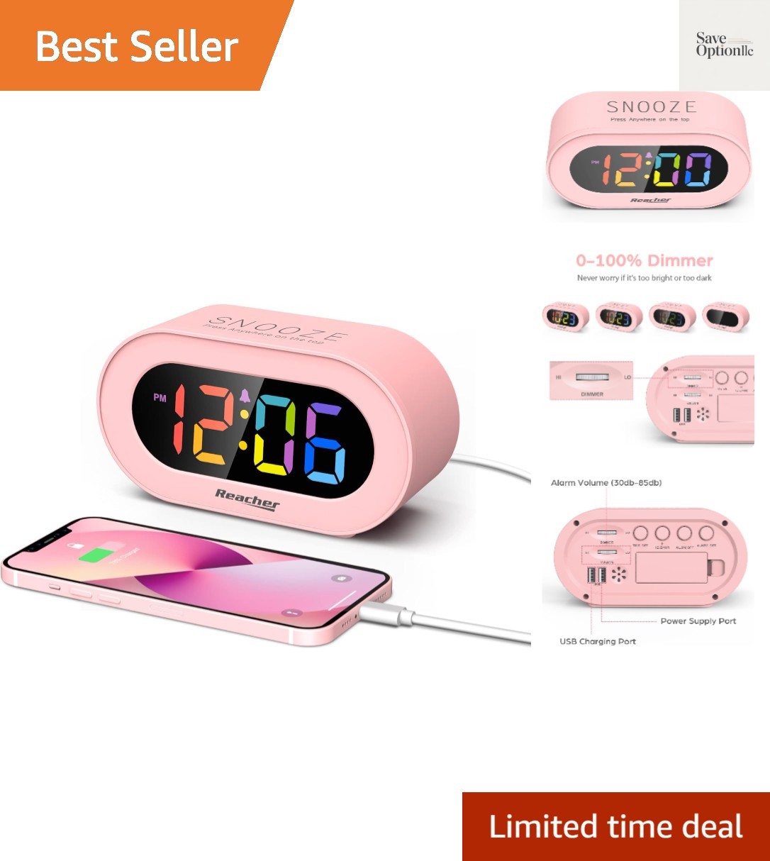 Pink Girls Alarm Clock, Dimmable Colorful LED Digital Displa