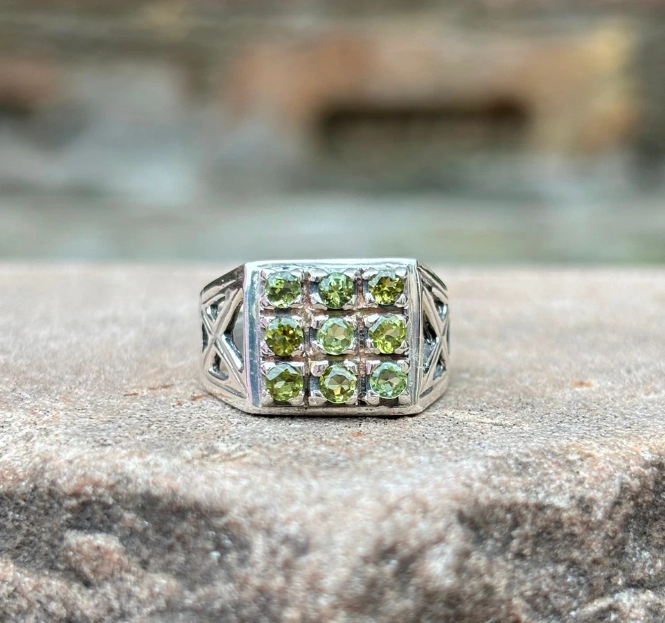 Peridot Square Cluster Ring 925 Sterling Silver Handmade Gemstone Jewelry Gift - Image 3 of 4