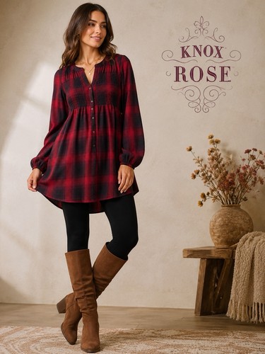 Knox Rose NWT Plaid Smocked Tunic Dress Red Black Long Sleeve Women’s Large - 第 1/10 張圖片
