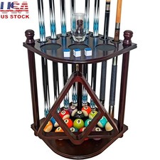 Wooden Pool Cue Rack Stand W/ Beverage Mats  16 Ball Storage Game Room New