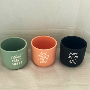 3 Ceramic Plant Pots Set Matte Round Indoor Green Pink Black w/ Quotes