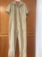 VTG Dickies Coverall Jumpsuit Short Sleeve Tan 48 Long Elastic Waist Zipper Snap