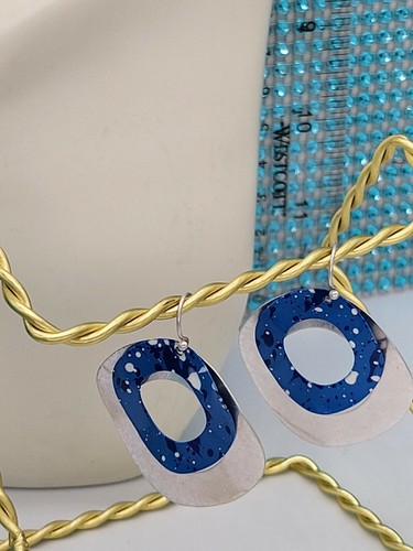 Blue and Silver Tone Dangle Drop Hook Earrings Two Layer Round Geometric Jewelry - Picture 2 of 5