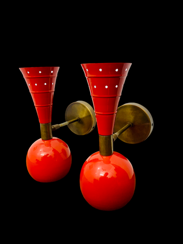 Shiny Red Wall Sconce Pair 1950s Mid Century Brass Italian Diabolo Wall Sconce L - Picture 2 of 5