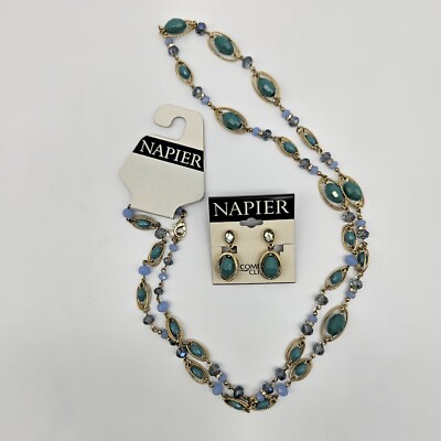 Napier Necklace & Earrings Set Gold Tone Oval Chain Links Sea Green Blue Beads