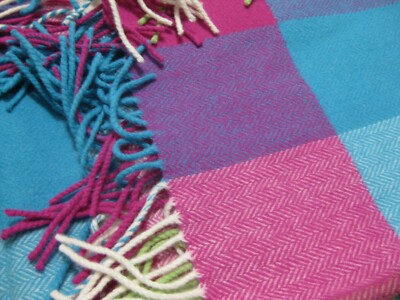 Foxford Lambswool Blanket 60x64 Fringe Ireland Herringbone Purple Blue Green