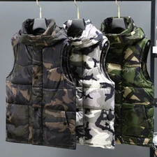 Men Hood Puffer Vest Quilted Camouflage Waistcoat Warm Sleeveless Jacket New