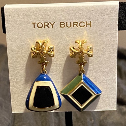 Tory Burch Roxanne asymmetric blue, green, black enamel drops w/ TB logo - Picture 2 of 8