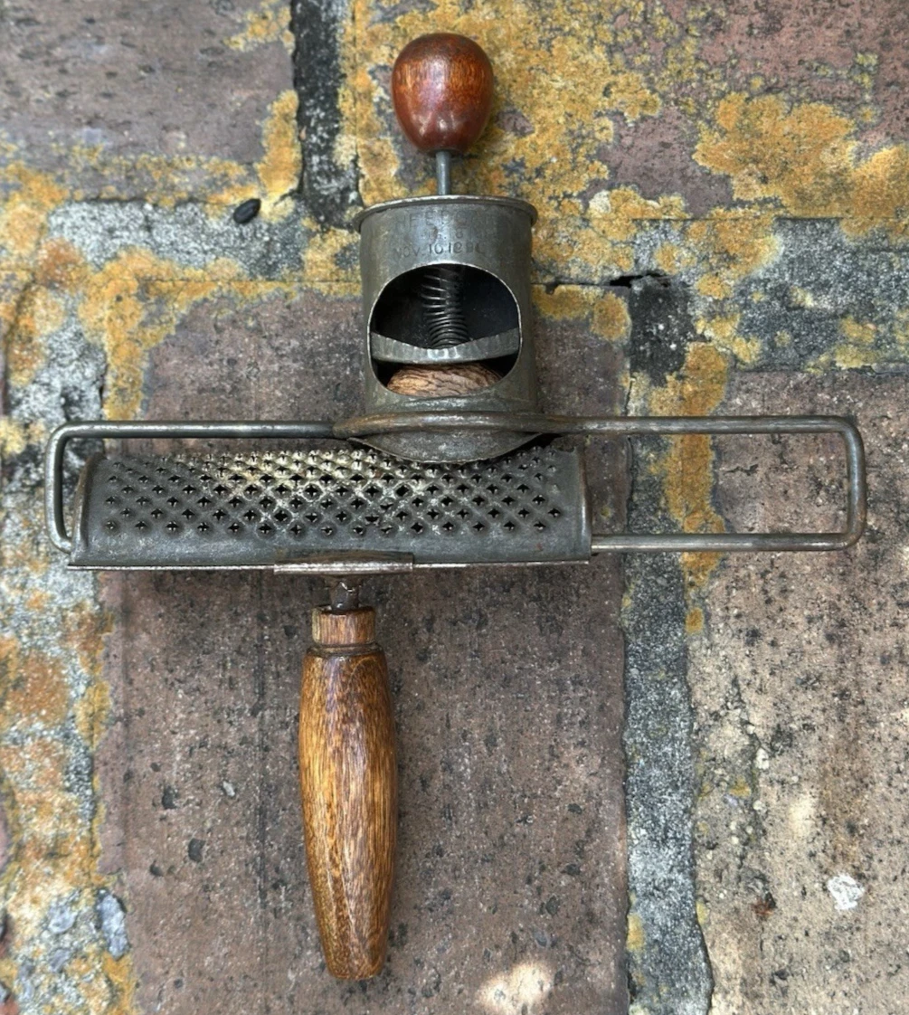 THE EDGAR ANTIQUE NUTMEG GRATER/SPICE GRINDER WITH WOODEN HANDLE & KNOB...1890'S