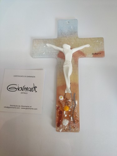 Wall Modern Glass Murano Crucifix Cross Multicolor Red From Medjugorje 6.3" - Picture 6 of 18