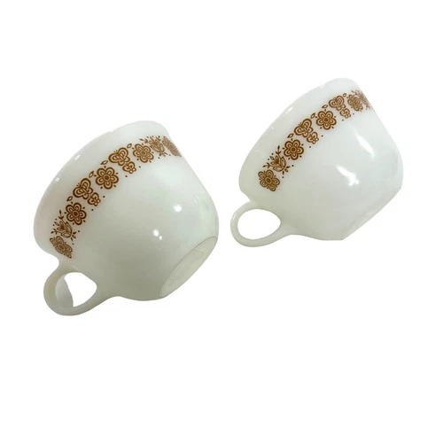 Set of 2- Pyrex Vintage Teacups Coffee Cups Milk Glass Gold Butterfly Corning