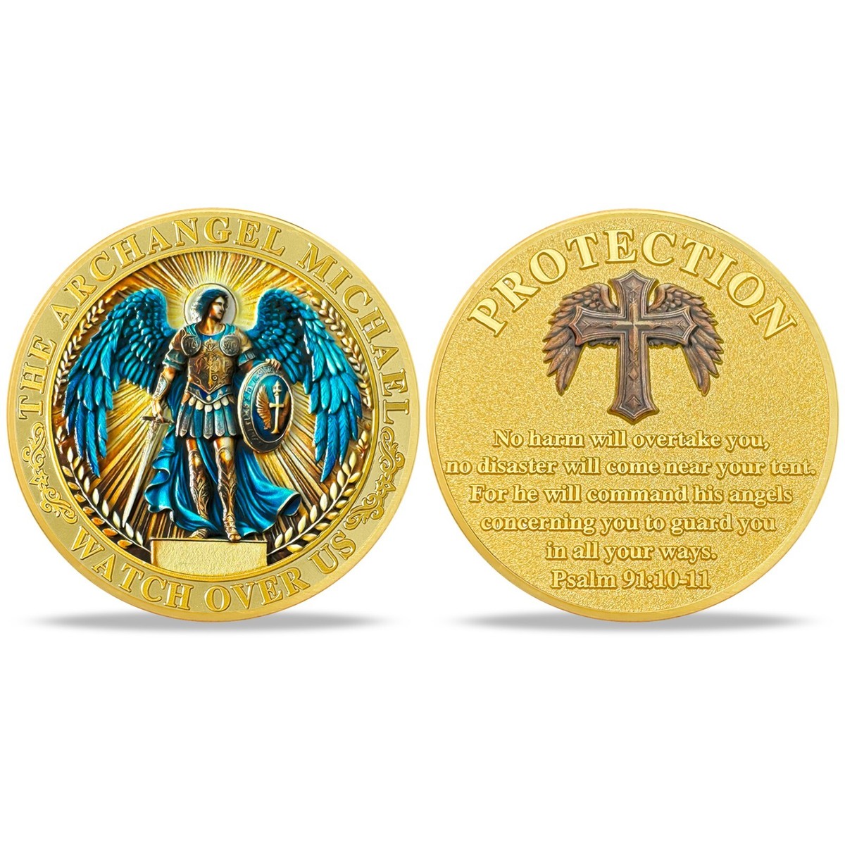 Christian Saint Michael Archangel Challenge Coin Psalm 91:10 Verse