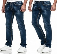 Herren Jeans Hose Denim- Washed Straight Cut Regular Stretch Dicke Naht Cargo