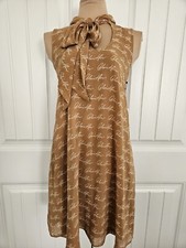 Calvin Klein Tie Neck Dress Women's Size 8 Brown Signature Logo Chiffon Fabric