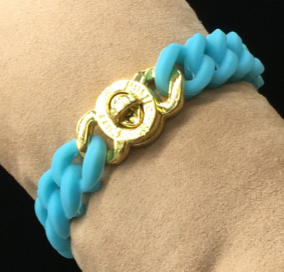 Rustic Cuff Gold Tone Logo Turn Lock Teal Silicone Stretch Mock Chain Bracelet