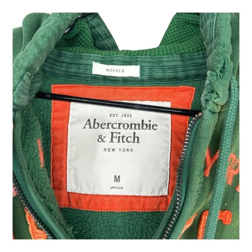Abercrombie & Fitch Men's Medium Green Muscle Y2K Hoodie Zip Vintage Preppy - Picture 3 of 17