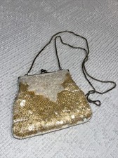 La Regale Ivory Gold Beads and Sequins Kiss Lock Evening Purse Formal Prom