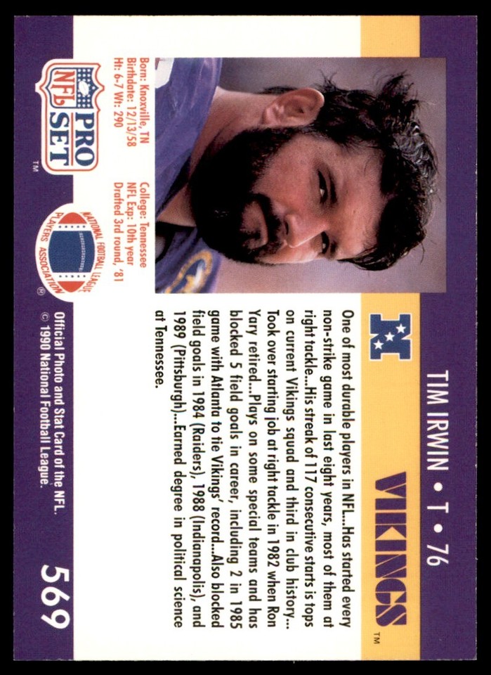 1990 Pro Set Tim Irwin Rookie Minnesota Vikings 569 eBay