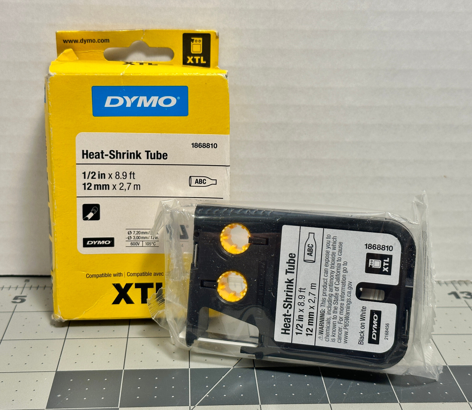 DYMO XTL HeatShrink Tube Labels 1/2" x 9.5 ft White/Black Print