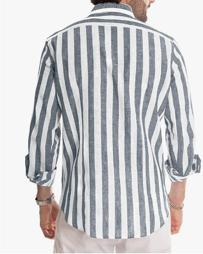 Hombres Algodón Lino Top Manga Larga Camisa A Rayas Verano Hawaiano Abotonado Reino Unido - Imagen 5 de 13