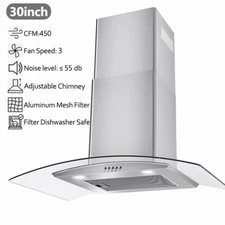 30 in Range Hood Wall Mount Kitchen Stove Vent 450CFM Tempered Glass 3-Speed New