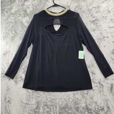 NEW Moa Moa Top Womens 1X Black Sheer Long Sleeve Cutout Chain Rhinestone Detail