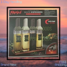 Parini 4 Piece Auto-Pour Sauce Dispensers Lead-Free Glass with Acacia Wood Tray