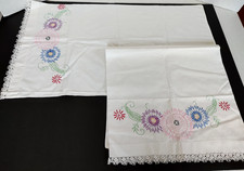 Vtg Hand Embroidered Colorful Flowers Floral Trim Pillowcase Set Cottage Grandma
