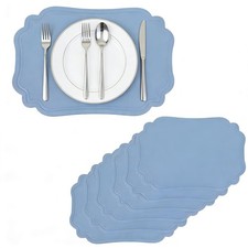 Set Of 6 Rectangular Faux Leather Dining Table Placemats Waterproof Blue