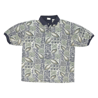Bugle Boy Herren Grün & Beige Abstrakt Floral Kurzarm Polo Shirt L Baumwolle