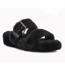 UGG Fuzz Yeah Black Shearling Sheepskin Slipper Sandals Slides Women  s Size 9