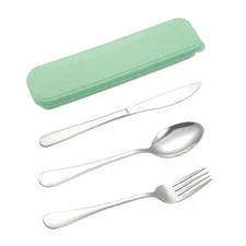Portable 3 pc Silverware Set Knife Spoon Fork with Case Mint Green NEW