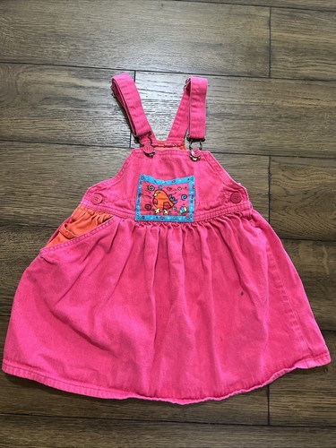 VINTAGE USA OSHKOSH B'GOSH PINK JUMPER BIRD POCKET VESTBAK OVERALLS DRESS 5T