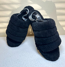 UGG Fluff Yeah Women s US 10 Black Faux Fur Slide Slippers Open Toe Logo